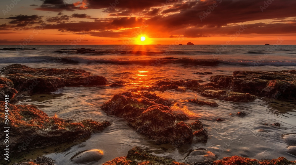 Obraz premium Generate a description of a beautiful sunset on a beautiful rocky ocean shore in 200 words. Leave only nouns and adjectives. Separate the words with commas. Generative AI
