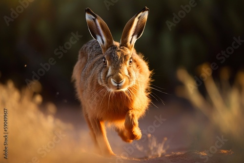 Hare charging towards camera. Generative AI