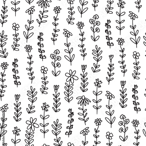 Doodle summer flowers seamless pattern. Vector mille fleur pattern on white background.