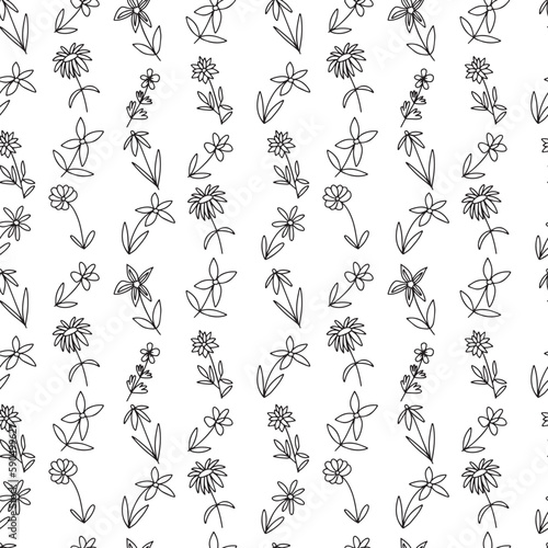 Doodle summer flowers seamless pattern. Vector mille fleur pattern on white background.