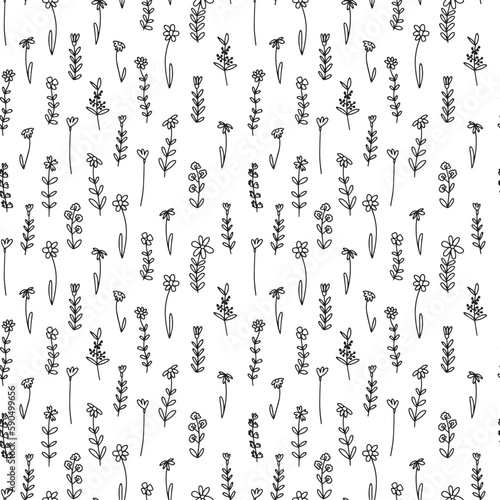 Doodle summer flowers seamless pattern. Vector mille fleur pattern on white background.