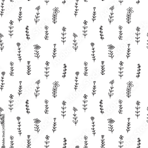 Doodle summer flowers seamless pattern. Vector mille fleur pattern on white background.
