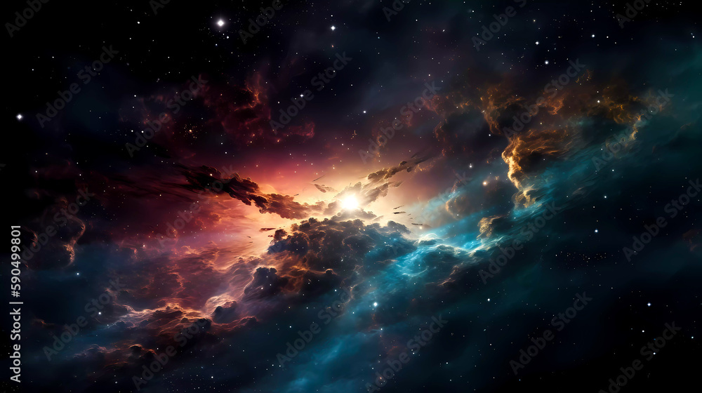 Fototapeta premium Space scene with planets, stars and nebula. Abstract space background with nebula and stars. Generative AI technology.