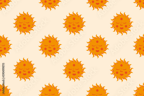 Seamless pattern with Cartoon Sun on tender background. Children Wallpaper. Summer Background. Sunny backdrop. Yarilo symbol. Ethnic textile and bed linen print. Folk ornament. Vector illustration.