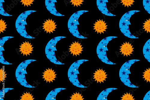 Seamless pattern with Cartoon Sun and Moon on style black background. Children Wallpaper. Summer Background. Sunny backdrop. Ethnic textile and bed linen print. Folk ornament. Vector illustration.