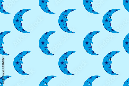 Seamless pattern with Cartoon Сrescents on tender background. Children Wallpaper. Astronomical Background. Ethnic textile and bed linen print. Folk ornament. Vector illustration.