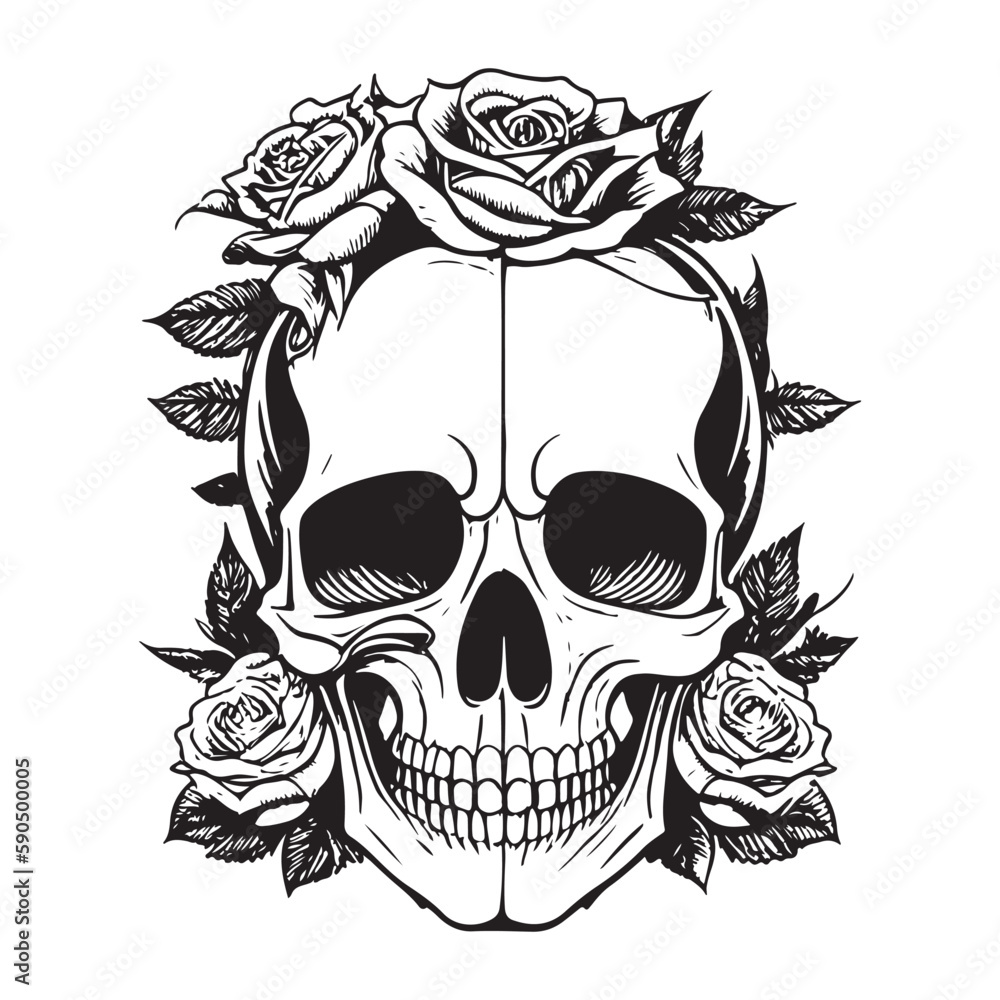 Fototapeta premium Skull With Rose Flower Black Outline Vector. Human skull with rose sketch drawing, tattoo vector illustration isolated on white background
