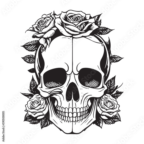Skull With Rose Flower Black Outline Vector. Human skull with rose sketch drawing, tattoo vector illustration isolated on white background