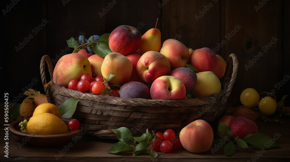 Rustic fruit basket with fresh peaches, pears, and apples Generative AI Rustic fruit basket with fresh peaches, pears, and apples Generative AI