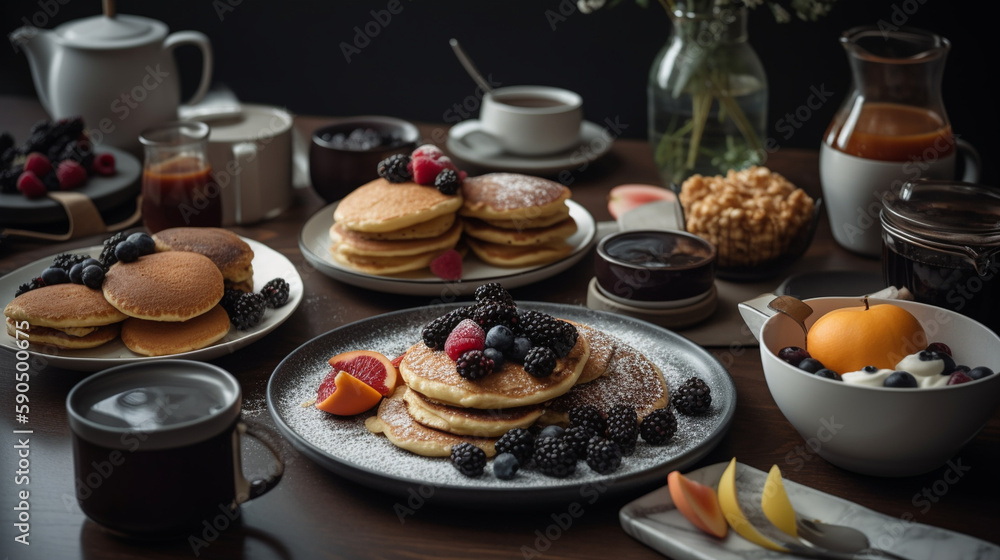 Delicious breakfast spread with pancakes, fruit, and coffee Generative AI Delicious breakfast spread with pancakes, fruit, and coffee Generative AI