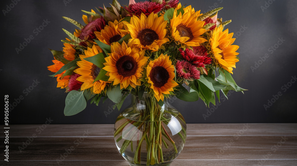 Vibrant bouquet of sunflowers in a glass vase Generative AI