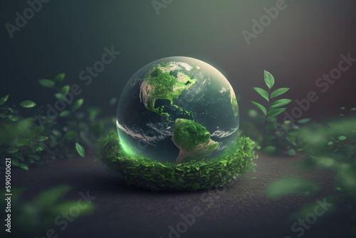 Glass Globe with Planet Earth inside in Nature. Renewable Energy and Environmental Protection. Generative AI.