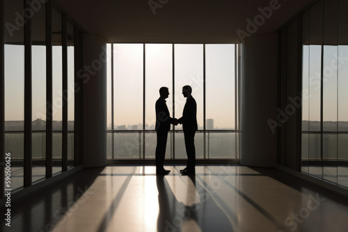 Silhouette of two businessmen men's silhouette shaking hands in a modern office with a view