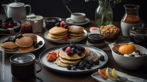 Delicious breakfast spread with pancakes, fruit, and coffee Generative AI