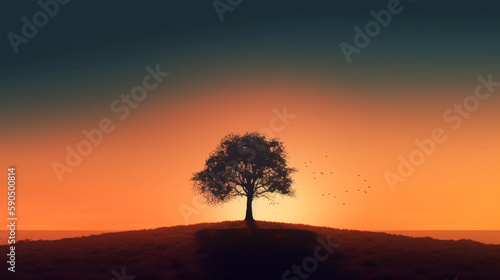 Minimalist landscape with a single tree and a sunset sky Generative AI