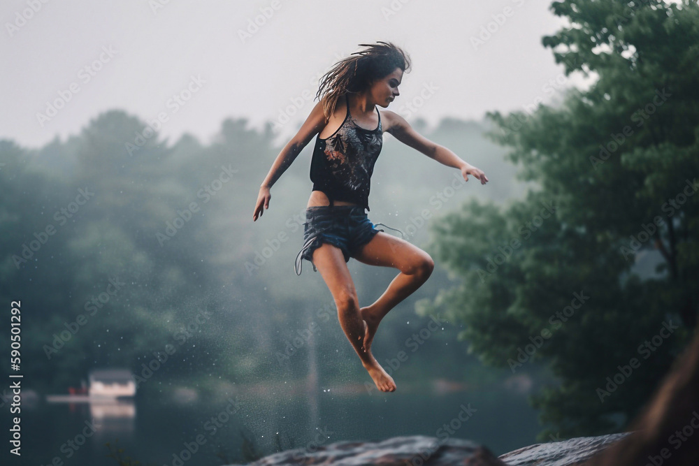 Dancer Girl Dives Off Cliff Into Water. Generative AI