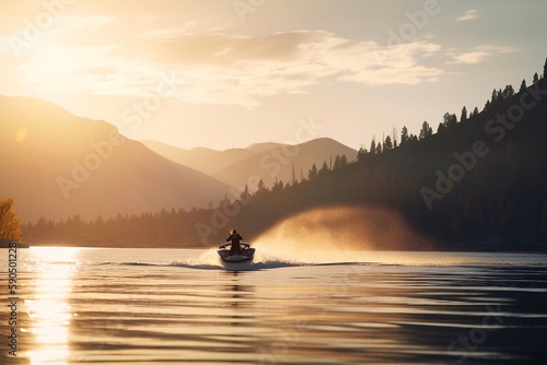 Man rides a speedboat on a lake at sunrise. Generative AI