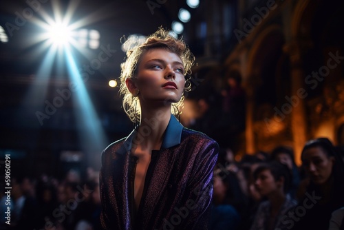 Woman in an evening dress on the catwalk. Generative AI