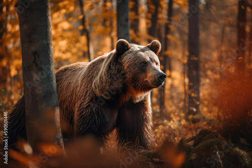 A bear with fur in shades of brown in a forest during autumn. Generative AI