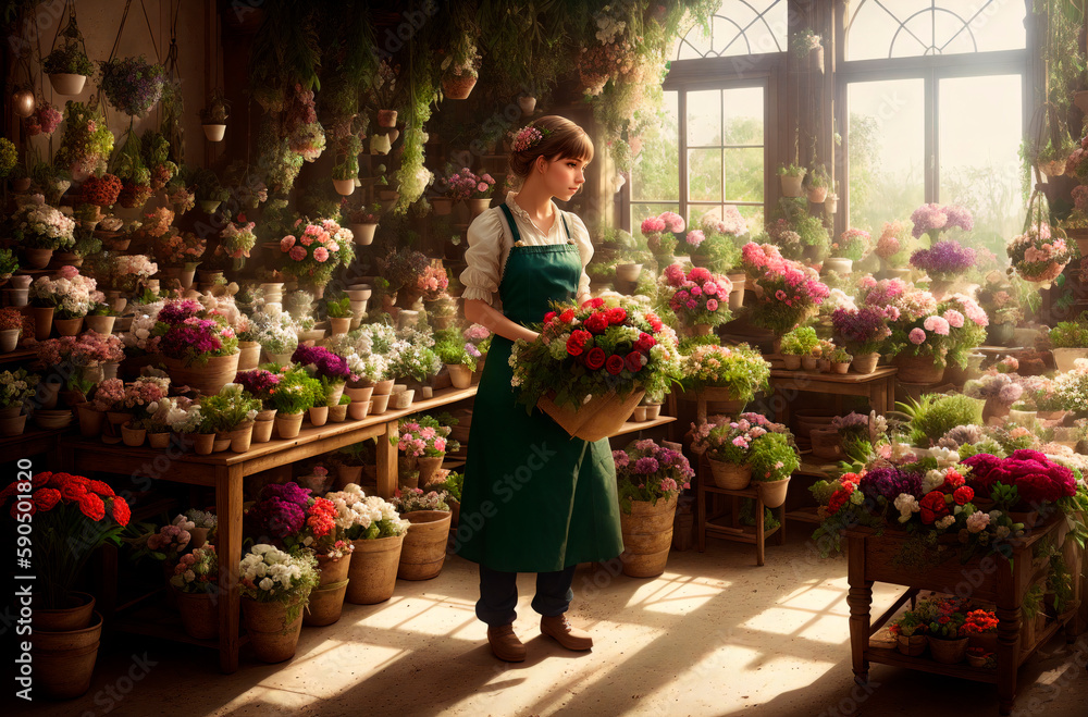 Woman florist in flower shop. Young beautiful female grower among assortment of flowers, plants. Generative AI.