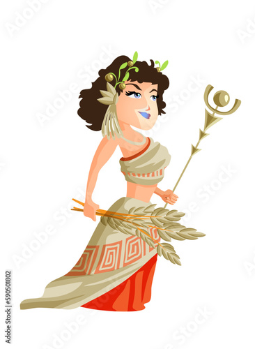 Demeter greek goddess from ancient mythology. Female character in white dress. Agriculture god. Isolated vector illustration in cartoon style
