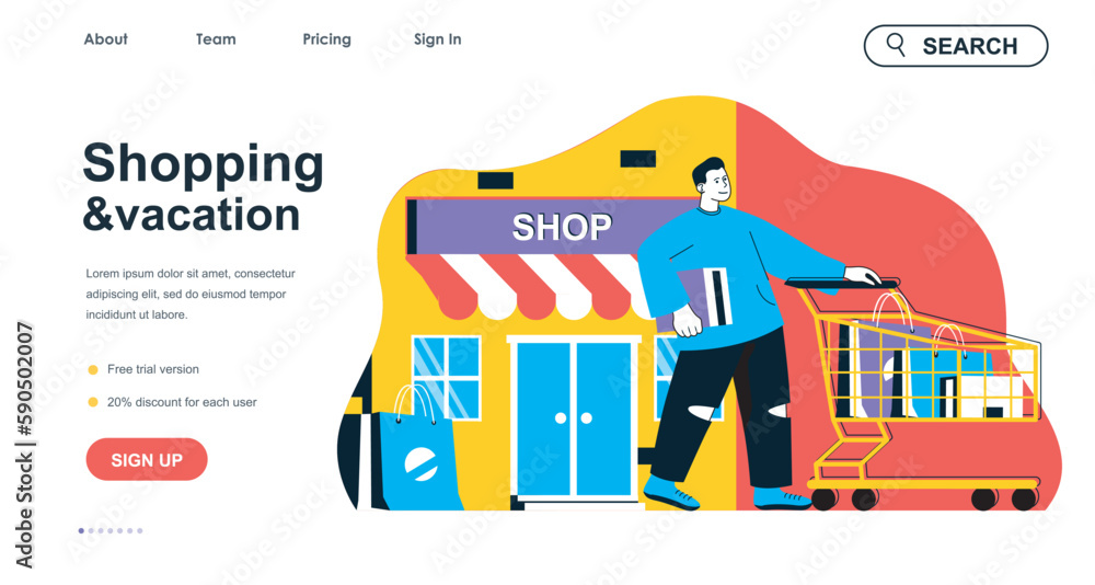 Fototapeta premium Shopping and vacation concept for landing page template. Man shopping in store on travel and walking with purchase cart, people scene. Vector illustration with flat character design for web banner