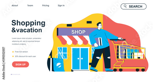 Shopping and vacation concept for landing page template. Man shopping in store on travel and walking with purchase cart, people scene. Vector illustration with flat character design for web banner