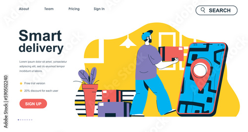 Smart delivery concept for landing page template. Courier holds box and delivering to client. Shipment service in mobile app people scene. Vector illustration with flat character design for web banner