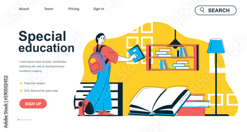 Special education concept for landing page template. Woman learns to university or college program. Inclusive education people scene. Vector illustration with flat character design for web banner