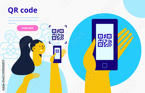 Capture qr code on mobile phone. Hand holding phone with Qr code. Flat vector illustration