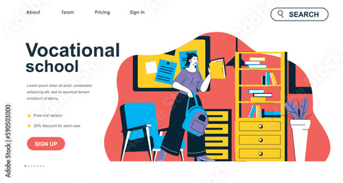 Vocational school concept for landing page template. Student studies, rushes to classes, gets skills. Professional education people scene. Vector illustration with flat character design for web banner