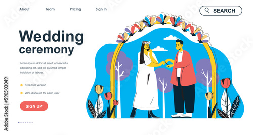 Wedding ceremony concept for landing page template. Bride and groom exchange rings, couple get married. Love relationships people scene. Vector illustration with flat character design for web banner