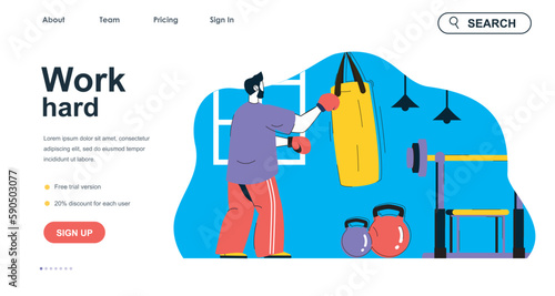 Work hard concept for landing page template. Man boxing and exercising with punching bag in gym. Activity sports training people scene. Vector illustration with flat character design for web banner