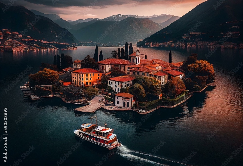 A stunning aerial view of Bellagio village and ferryboat on the beautiful Lake Como, a popular tourist destination in Italy. Generative AI - obrazy, fototapety, plakaty 