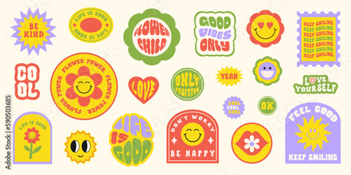 Trendy colorful set stickers with smiling face and text.   Collection of cartoon shapes, positive slogans in style 70, 80s. Vector illustration