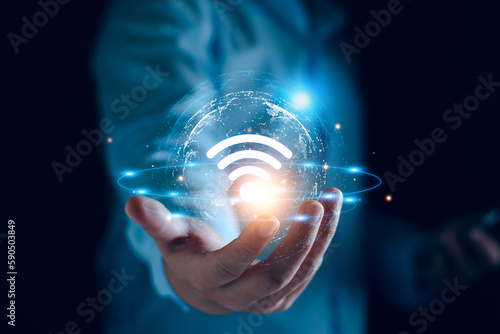 Wifi internet access concept. man using smartphone connect communication, social network, business contact, online shopping via internet wifi hotspot high speed. Fast internet wifi hotspot sharing.