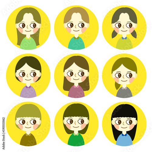 ポップで可愛い女の子の円形アイコン セット