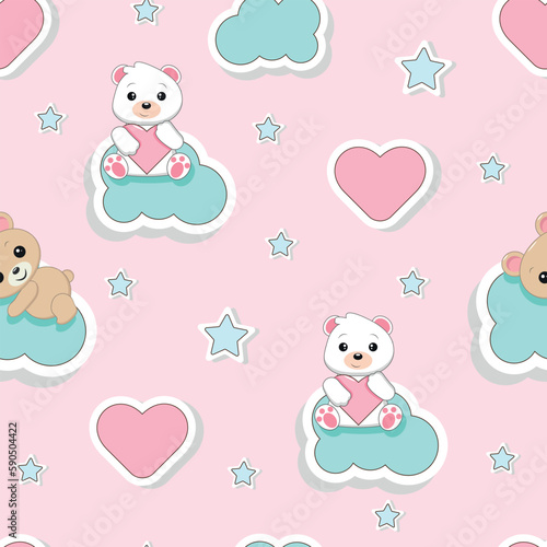 Seamless children's pattern with bears, clouds, hearts, stars on a pink background. © Irina Ivanuk