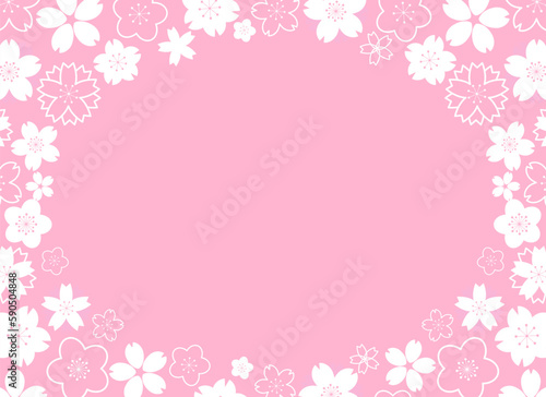 Horizontal frame with white geometrical sakura flowers on pink background
