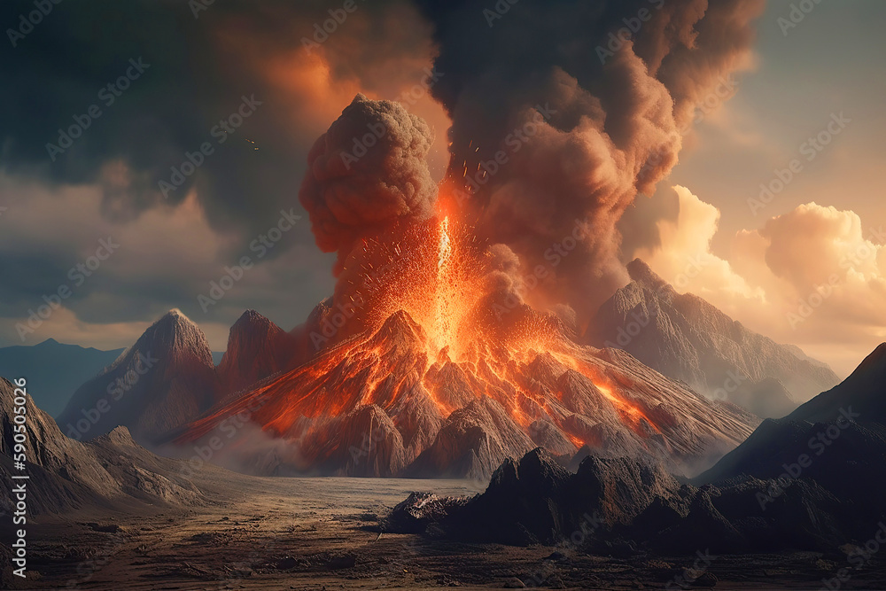 A terrible volcanic eruption. Magma bursting out of the crater. Generative AI illustration.