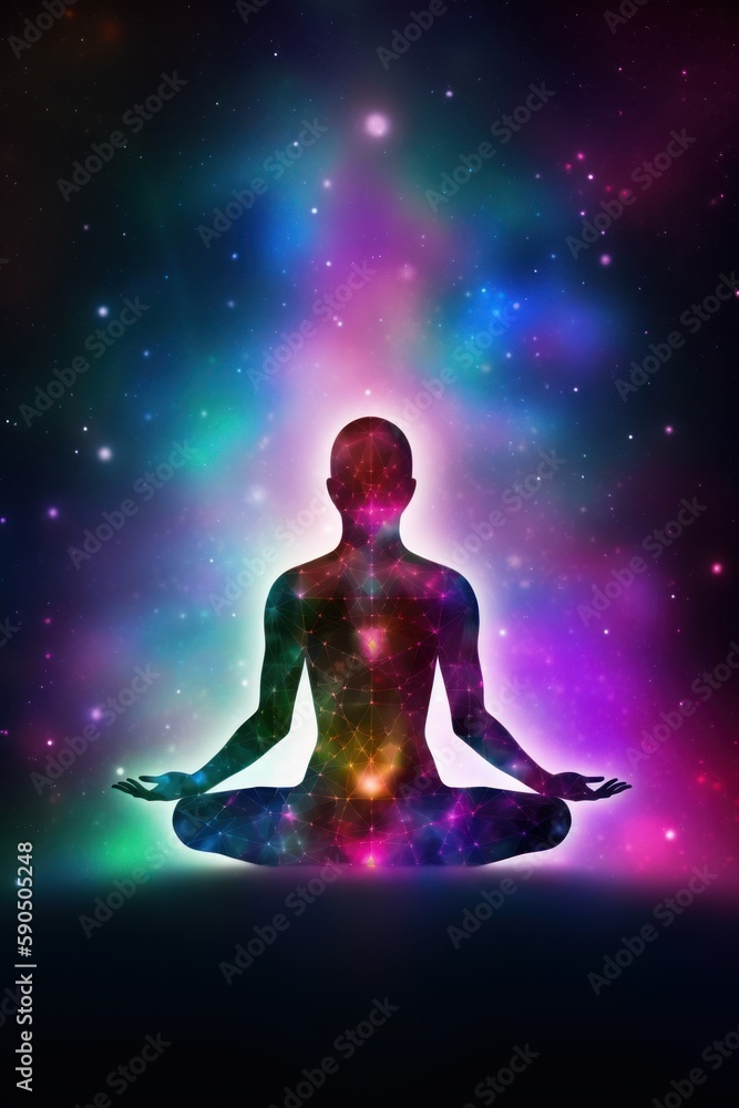 Meditating human silhouette in yoga pose. Galaxy universe background. Colorful chakras and aura glow. Meditation on outer space background with glowing chakras. Esoteric.