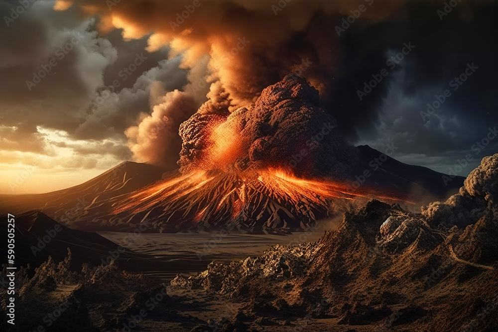 Volcanic eruption at night. Generative AI illustration.