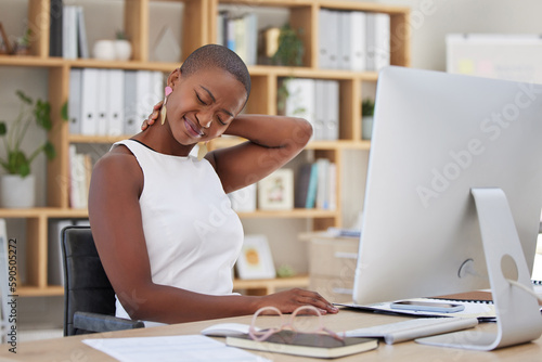 Stress, office or black woman with neck pain injury, fatigue or burnout in business or startup company. Posture problems, tired girl or injured female worker frustrated or stressed by muscle tension