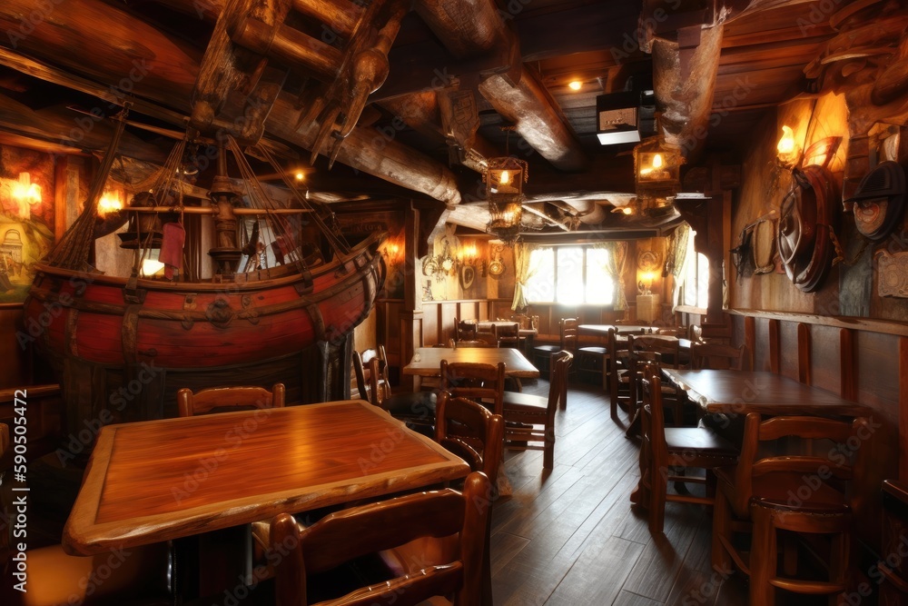 Pirate Restaurant Interior with Mysterious Atmosphere and Pirate Decor, ai  generated Illustration Stock