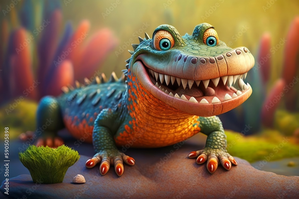 Funny crocodile with green teeth and orange eyes. cartoon illustration, Generative AI
