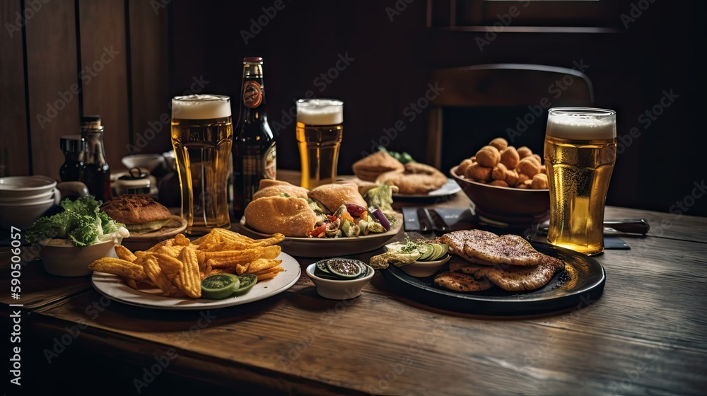  Food and Beer on Table in Restaurant AI generated