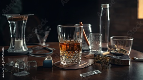 Glass of Alcohol, Cigarettes, and Drugs on Table Depicting Bad Habits AI generated