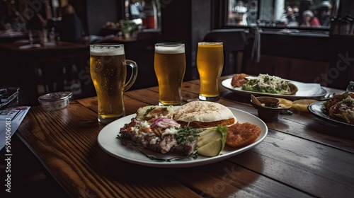 Food and Beer on Table in Restaurant AI generated