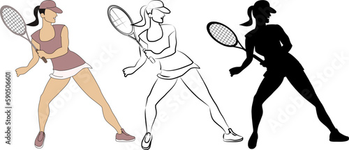 Young female tennis player in a baseball cap with a racket in her hand in motion. cartoon. In color, black line, Vector, illustration.