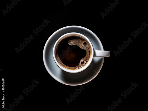 Cup of coffee on a saucer, top view, on an isolated black background. Generative AI